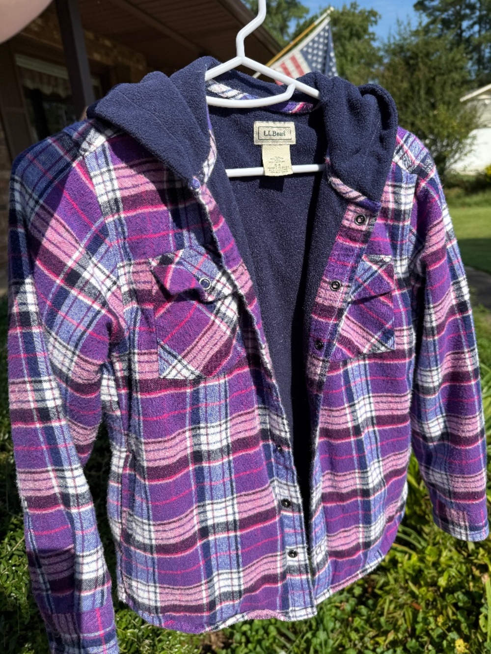 LL Bean Kids' Fleece-Lined Flannel Shirt, Hooded Plaid Girls Small S 8